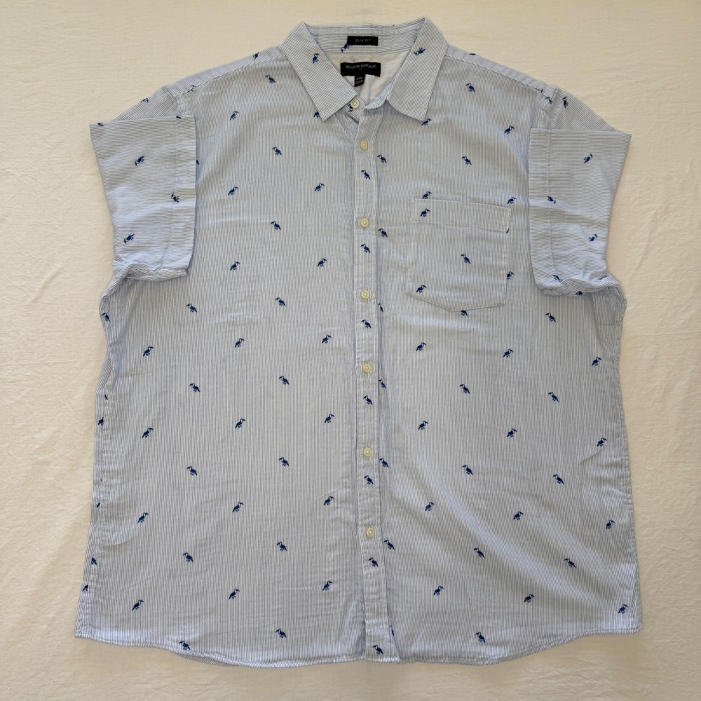 Banana Republic Mens XXL Slim Fit Toucan Bird Stripe Short Sleeve Button Shirt
